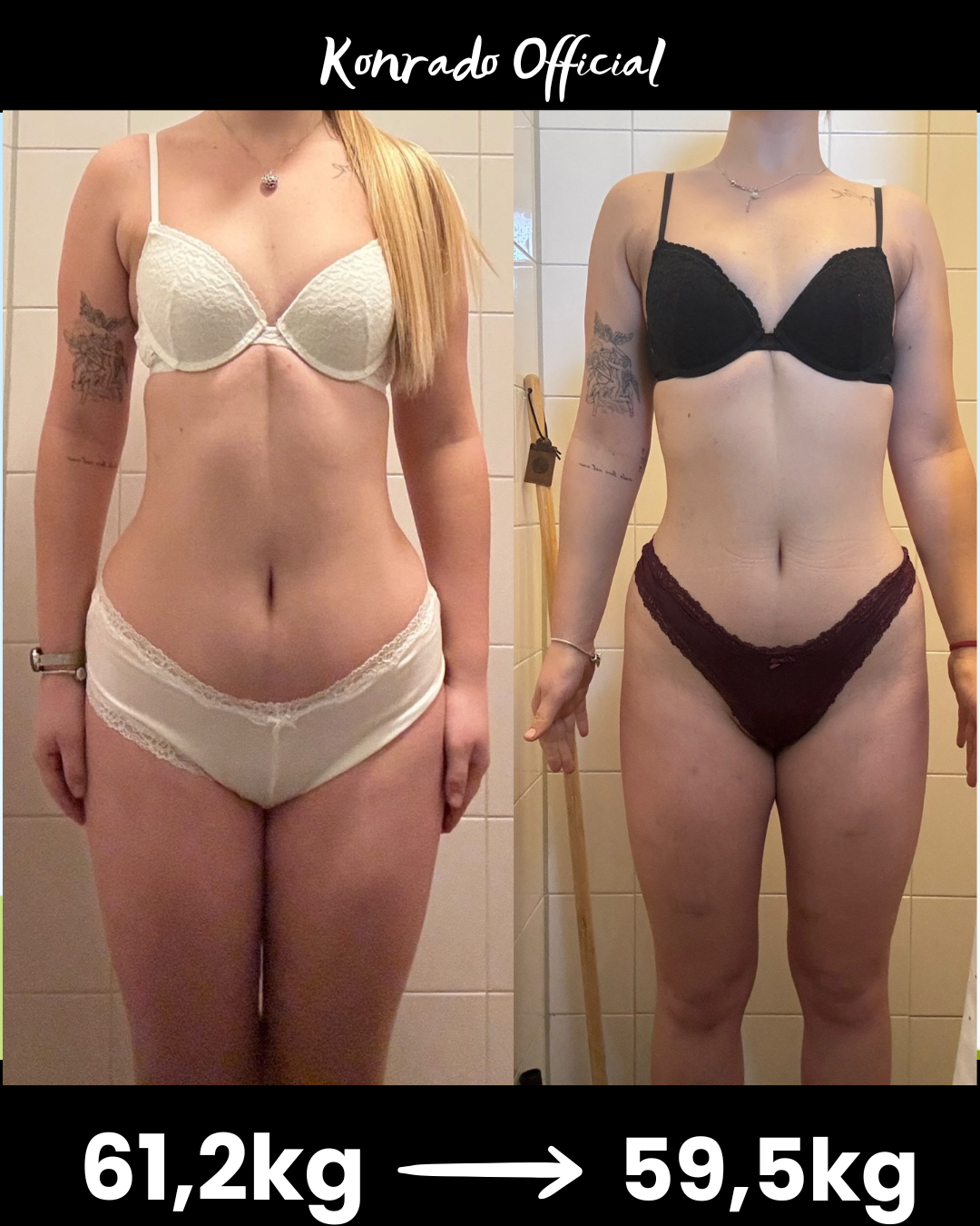 Metamorfoza podopiecznej: oryginalne zestawienie zdjęć przed i po, 61,2 kg i 59,5 kg.