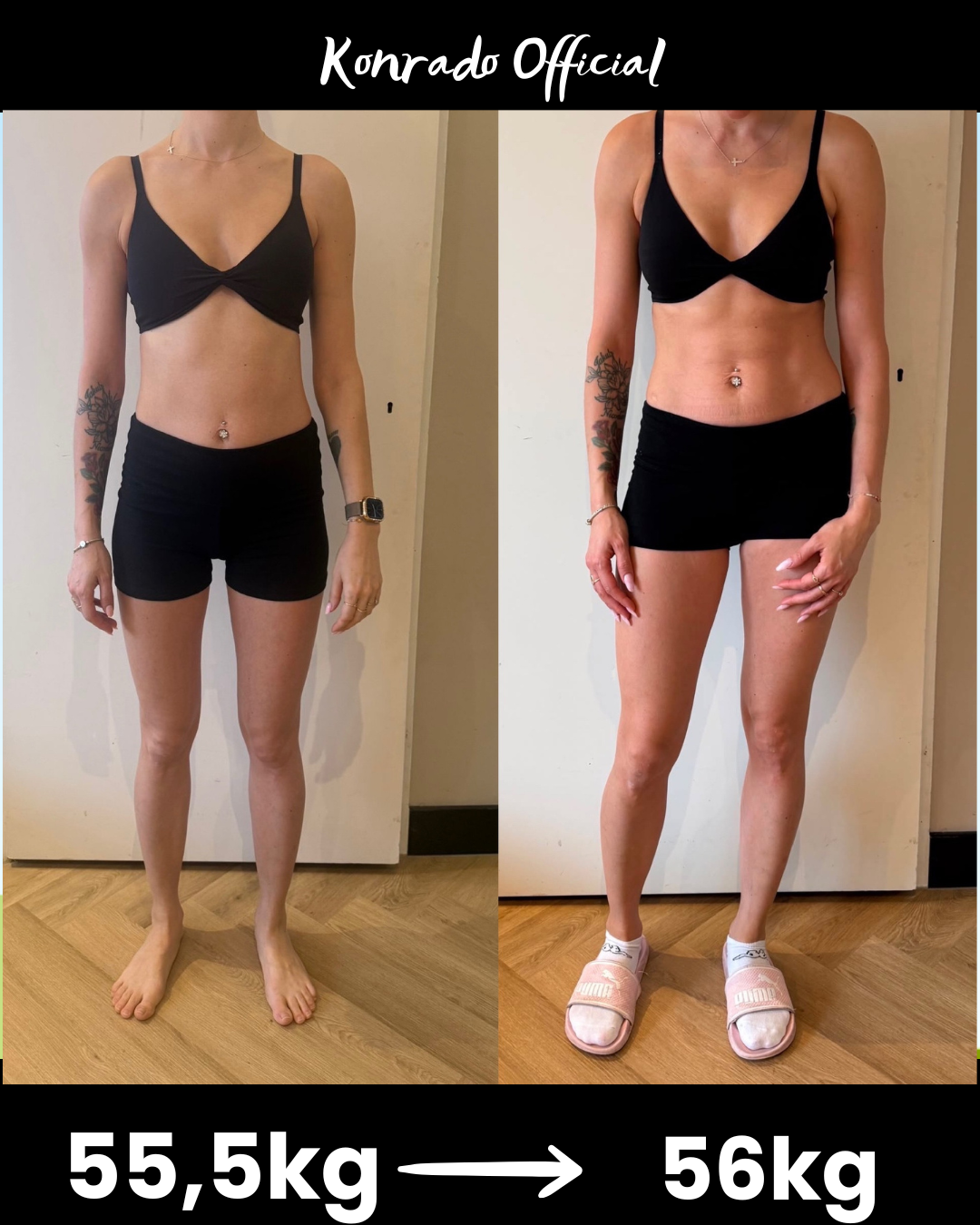 Metamorfoza podopiecznej: oryginalne zestawienie zdjęć przed i po, 55,5 kg i 56 kg.