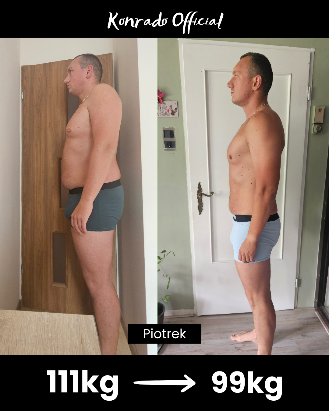 Metamorfoza Piotrka: oryginalne zestawienie zdjęć przed i po, 111 kg i 99 kg.